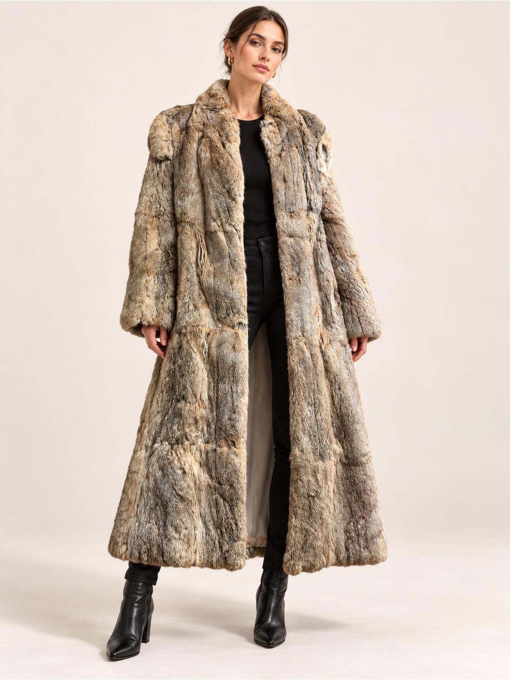 Luxury Long Rabbit Fur Coat - Taupe Multi vintage